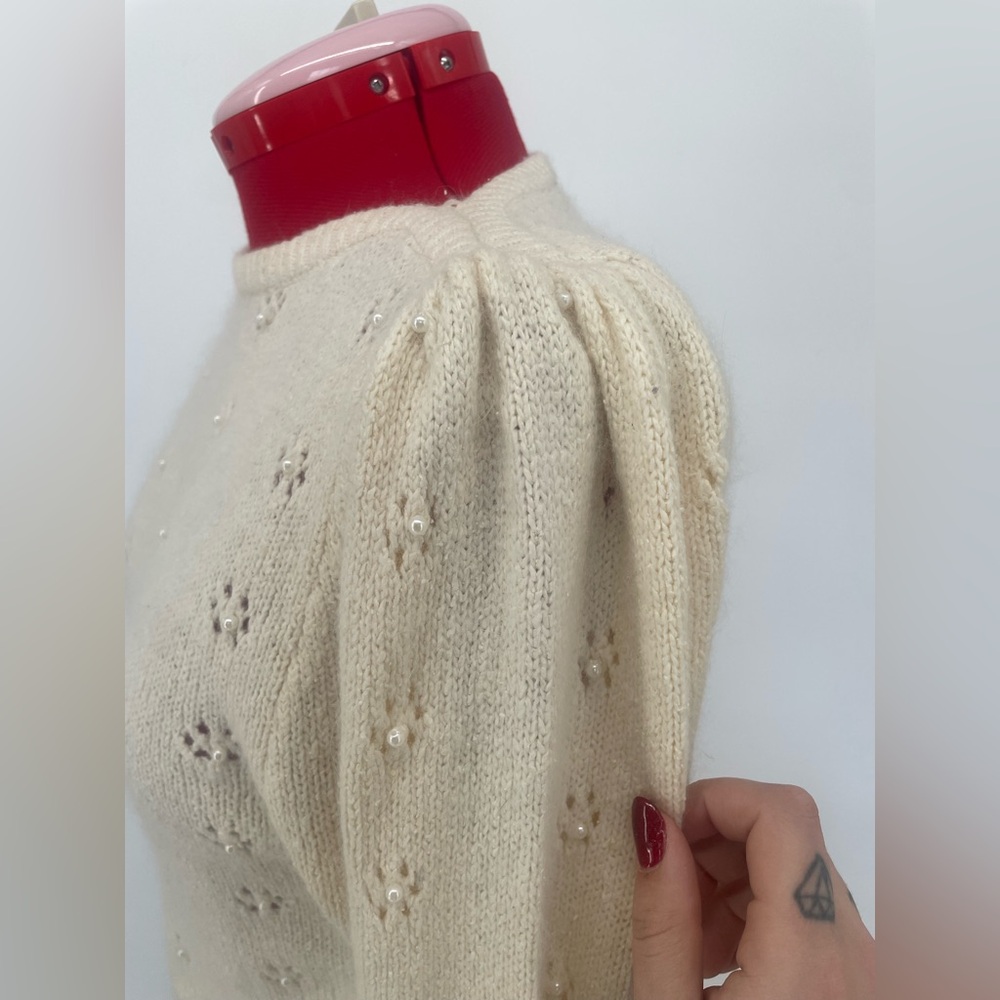 Vintage 80s Silk & Angora Cream Knit Sweater With Floral Cutouts & Pearl Centers - Picture 14 of 15